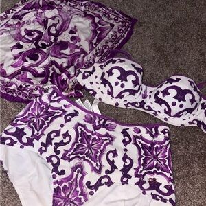 Purple and White Patterned Lingerie Set